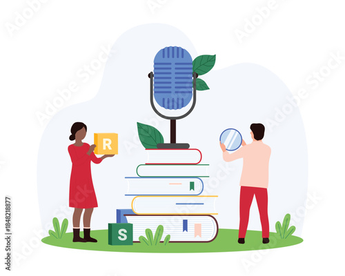 Speech therapy for treatment of speaking disorders, learning and kids development pathology. Tiny people training sounds pronunciation with mirror, books and microphone cartoon vector illustration