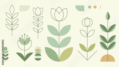 A collection of stylized, minimalist floral and plant illustrations in muted green and beige tones on a cream background.