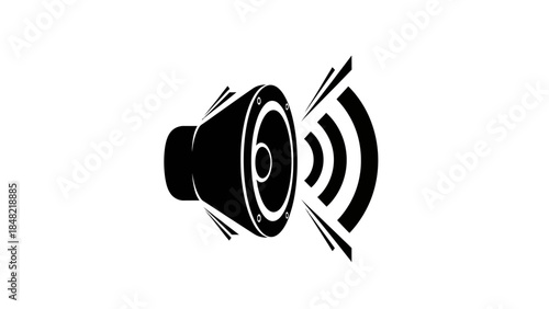 A black and white graphic icon of a loudspeaker emitting sound waves, symbolizing audio, volume, or sound.