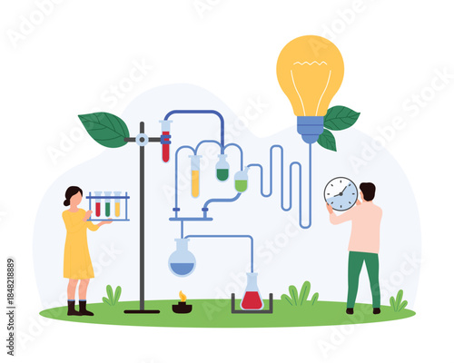 Success of laboratory experiment, science project. Tiny people work with lab equipment with connection to bright light bulb, holding test tubes with chemical liquid cartoon vector illustration