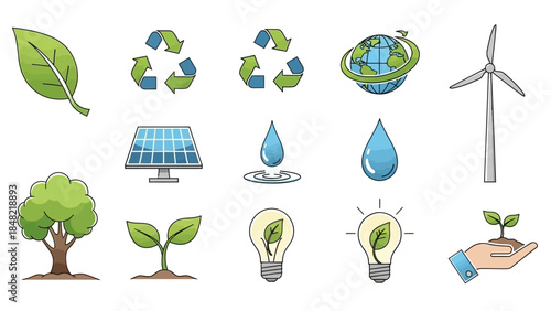 A professional set of ecology icons featuring green eco symbols like trees, earth globes, and recycling signs in a vector illustration design for environmental energy and nature conservation