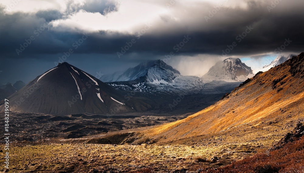 Fototapeta premium dramatic landscape of volcanic mountains under a stormy sky