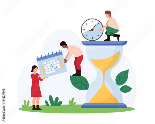 Time management, business event and agenda planning in organizer, project deadline. Tiny people work with calendar and hourglass, holding clock for life organization cartoon vector illustration