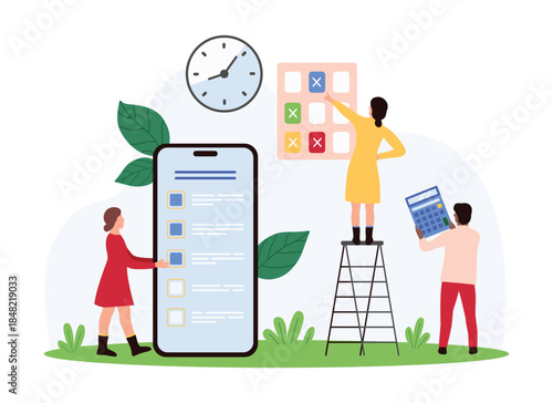 Time management and project organization in mobile app, deadline. Tiny people control and organize tasks with schedule list on smartphone screen, planning business event cartoon vector illustration