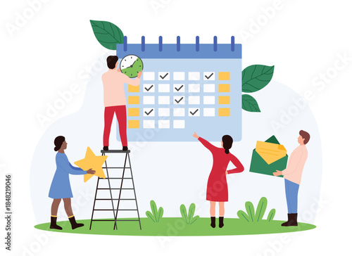 Time management, business event organization in calendar. Tiny people mark deadline day, appointment or meeting with tick on calender organizer, check date with reminder cartoon vector illustration