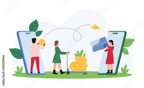 Money transfer and exchange online, bank payment with mobile app. Tiny people pay with electronic wallet and smartphone, characters holding credit card and dollar coin cartoon vector illustration