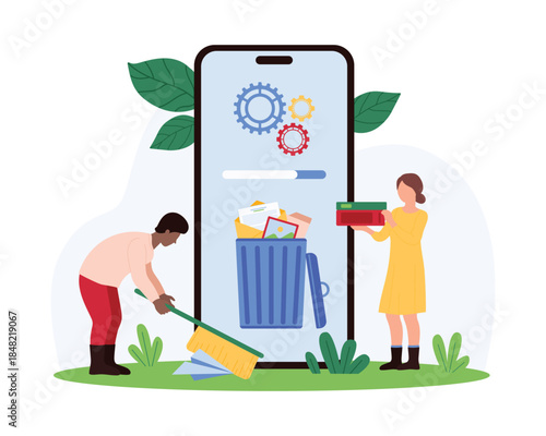 Memory cache and office document, folder cleaning with mobile app. Tiny people delete emails and video files, pictures with broom and trash bin on smartphone screen cartoon vector illustration