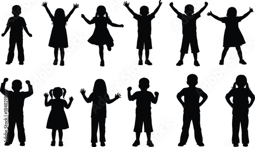 Kids silhouettes collection with happy children standing jumping and celebrating poses isolated on white background playful childhood concept illustration