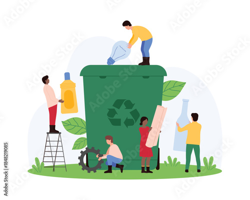 Sorting waste for recycling, garbage classification. Tiny people hold paper and light bulb, plastic and glass bottles to throw into trash container with recycle sign cartoon vector illustration