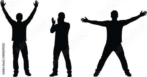 Man cheering silhouette set with raised arms and clapping poses celebrating success victory isolated on white background black vector illustration