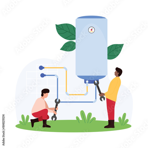 Water electric boiler and heater installation, repair broken equipment of heating system. Tiny people check pipe for leakage, technicians work on thermal tank installing cartoon vector illustration