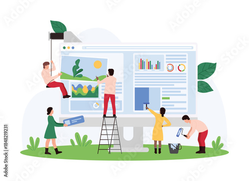 Creative content making, website development with collaboration of designers team. Tiny people building new interface design and information with graphic visual content cartoon vector illustration