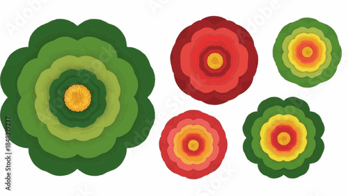 Vibrant layered flower designs in green, red, and yellow hues