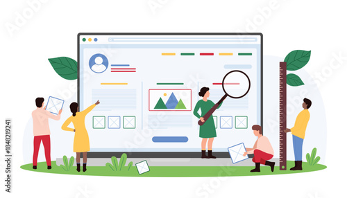 Website design or redesign process, creative interface creation. Tiny people work with magnifying glass and ruler to research and build web page wireframe in editor cartoon vector illustration