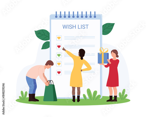 Planning shopping using wishlist, purchase planner. Tiny people check resolution on list with hearts, fill checklist form in paper notebook for buying gifts at shop cartoon vector illustration