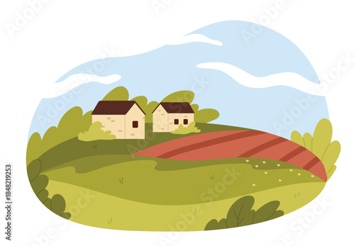 A charming scene with two quaint cottages nestled among green rolling hills, patches of red fields, and expansive blue sky solated