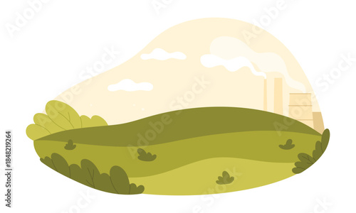 Green hills leading to a fading sunset sky, with the silhouette of an industrial cityscape, combining natural beauty with human progress isolated