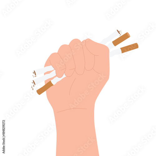 Stop smoking tobacco, warning poster. Smokers fingers break nicotine cigarettes on red background, fist of hand rises up to quit smoking tobacco, kick bad unhealthy habit cartoon vector illustration