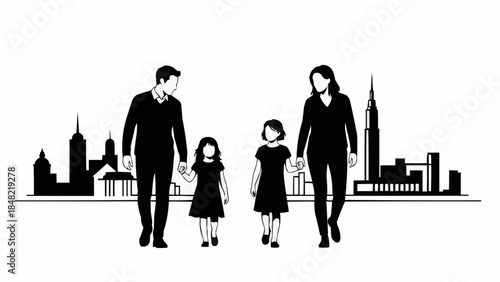 Family walking hand in hand across city skyline