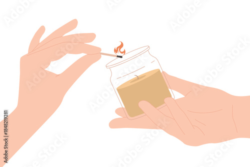 Hands holding scented candle with clear glass and match with fire to light wick. Human fingers hold wooden stick and aromatic candle jar for home spa and aromatherapy cartoon vector illustration