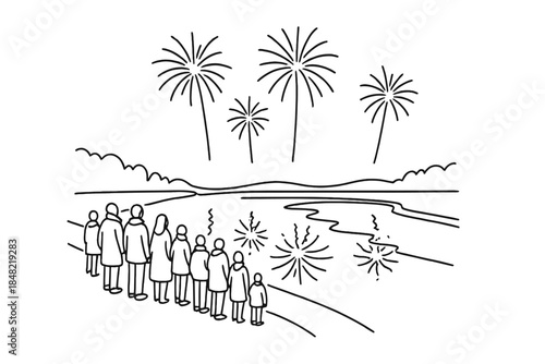 Fireworks Over Frozen River. New Year fireworks riverside crowd. Minimalistic one-line drawing people gathered