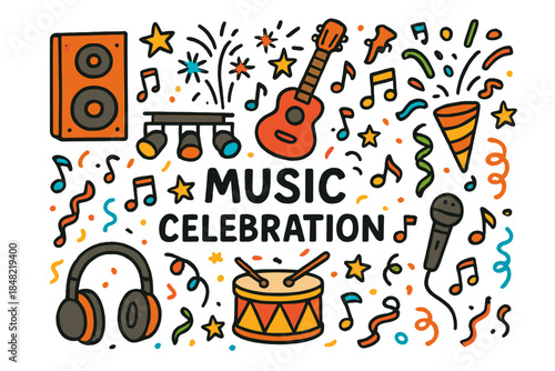 Music Celebration Doodle. Music celebration. Hand-drawn doodle illustration of Music celebration. Speakers,