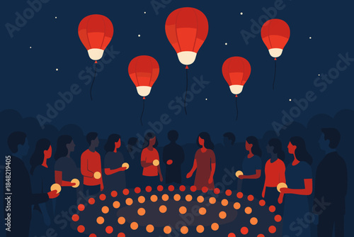 Lantern Balloon Spectacle. Lantern-balloon fusion release. Hybrid lantern-balloons glow softly while rising;