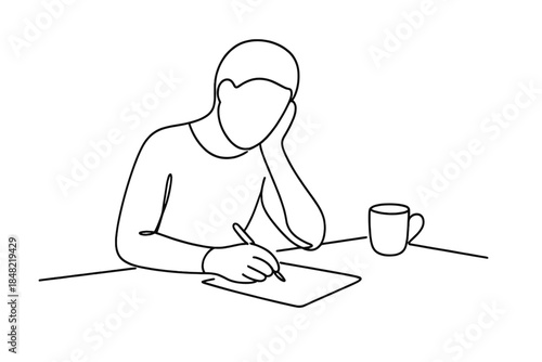 Writing Goals. Writing goals at kitchen table. Minimalistic one-line drawing someone writing intentions for