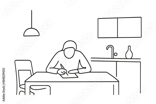 Minimalistic Writing Intentions. Writing goals at kitchen table. Minimalistic one-line drawing someone writing