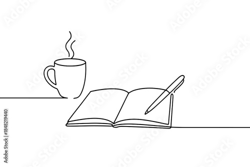 Serene Writing Line Art. Writing goals peaceful scene. Minimalistic one-line drawing a serene setup with