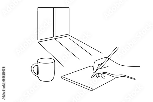 Morning Goals Sketch. Writing goals morning light. Minimalistic one-line drawing early morning sunlight on a