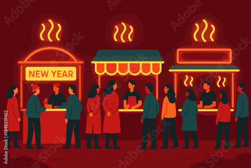 Neon New Year Feast. Neon food stalls for New Year night. Characters line up at glowing street-food kiosks;