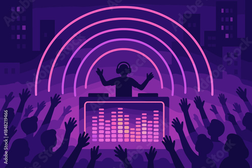 Neon DJ Party. Neon music stage downtown. A DJ booth glows with shifting neon bars; crowds raise their hands