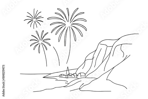 Cliffside Fireworks Display. Fireworks seaside cliffs. Minimalistic one-line drawing fireworks rising above