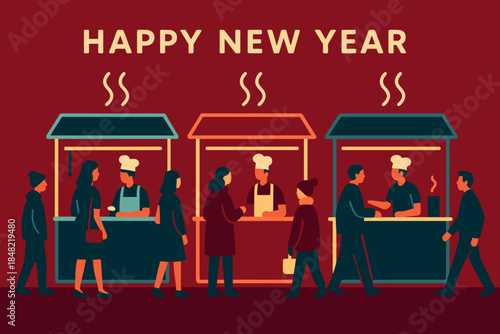 Neon Food Night. Neon food stalls for New Year night. Characters line up at glowing street-food kiosks; steam