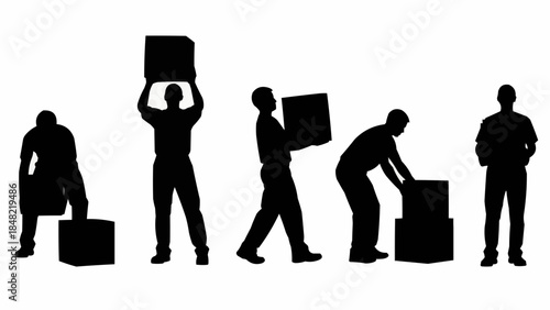 Workers moving boxes in various positions for logistics and delivery