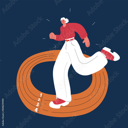 Cartoon vector illustration of a woman running in circles, caught in a cycle of endless tasks and daily routine against dark background