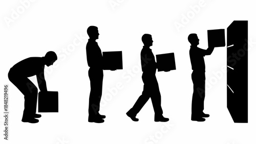 Silhouettes of men moving boxes in an office setting