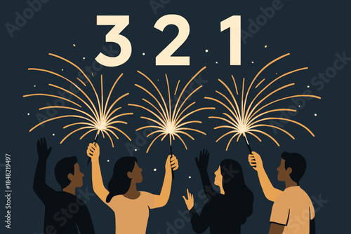 Sparkling New Year's Countdown. Group countdown with sparklers. As “3–2–1” floats above, sparklers burst into