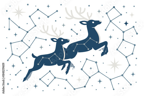 Starlit Reindeer Leap. Starlit reindeer duo. Two reindeer leap through constellations as bright spark-icons