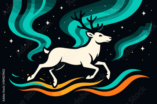 Reindeer Under Auroras. Reindeer sprinting through auroras. A reindeer gallops across shimmering northern