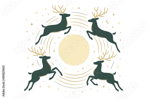 Celestial Reindeer Dance. Celestial reindeer circle. A group of reindeer loops around the moon, forming