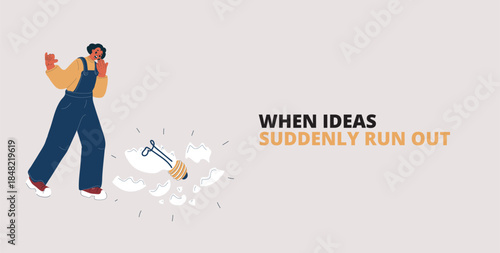 Cartoon vector illustration of a woman horrified after breaking a light bulb, staring at the shattered pieces
