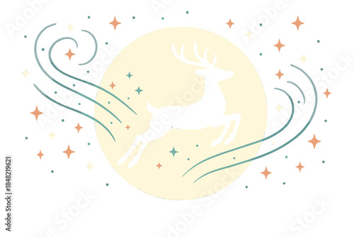 Moonlit Reindeer Leap. Moonlit reindeer silhouette. A lone reindeer leaps across a giant glowing moon, stars
