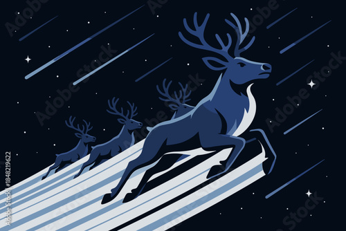 Reindeer Shooting Star Flight. Reindeer leading the midnight flight. A powerful reindeer leads a team across