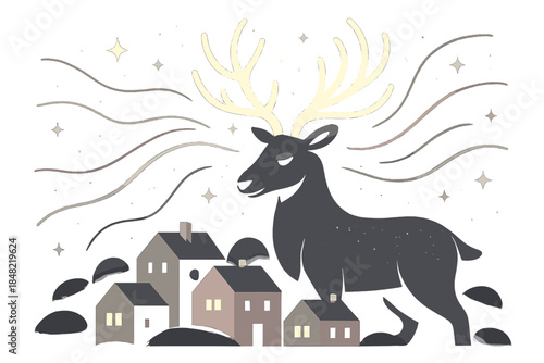Glowing Antlered Guardian. Night-sky guardian reindeer. A reindeer with glowing antlers watches over tiny