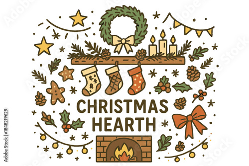 Festive Fireplace Illustration. Christmas hearth. Hand-drawn doodle illustration of Christmas hearth.