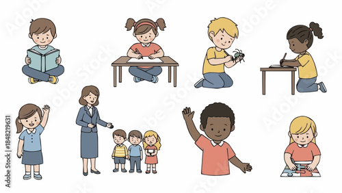 Diverse group of happy children learning in classroom setting with teacher