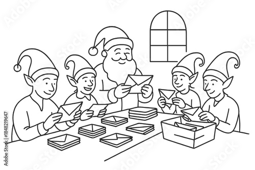 Minimalist Elves Sorting Letters. Santa’s workshop filled with cheerful elves sorting letters. Minimalistic