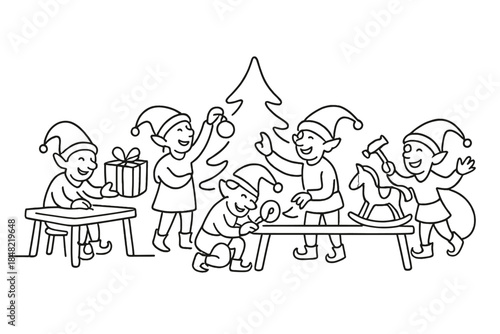Elves' Joyful Collaboration. Santa’s workshop filled with cheerful elves teamwork. Minimalistic one-line